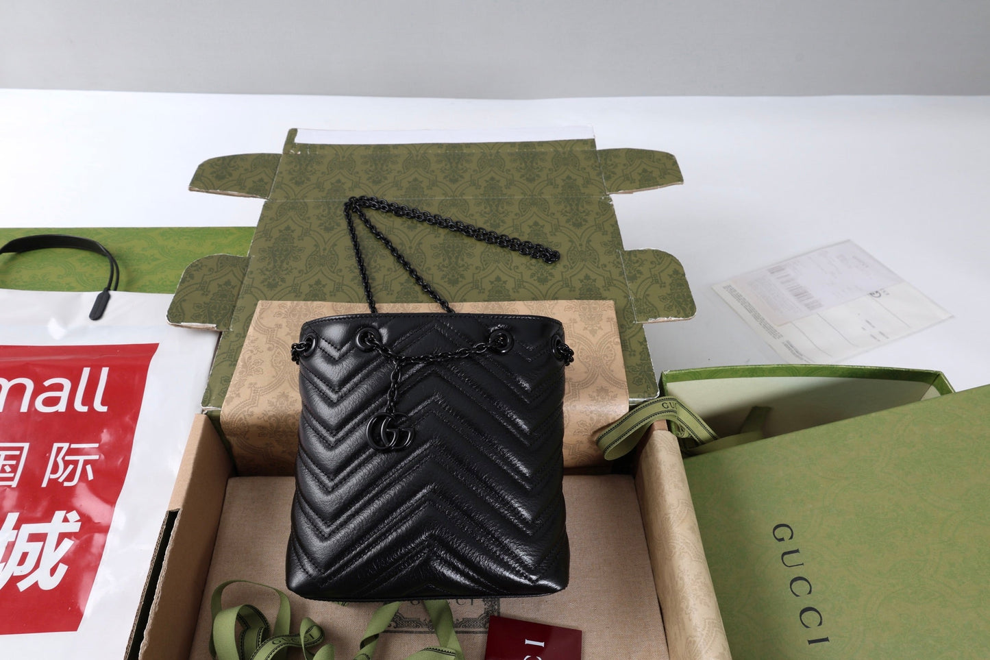 Gucci 26s Marmont Nano Bucket Bag Black Quilted Leather