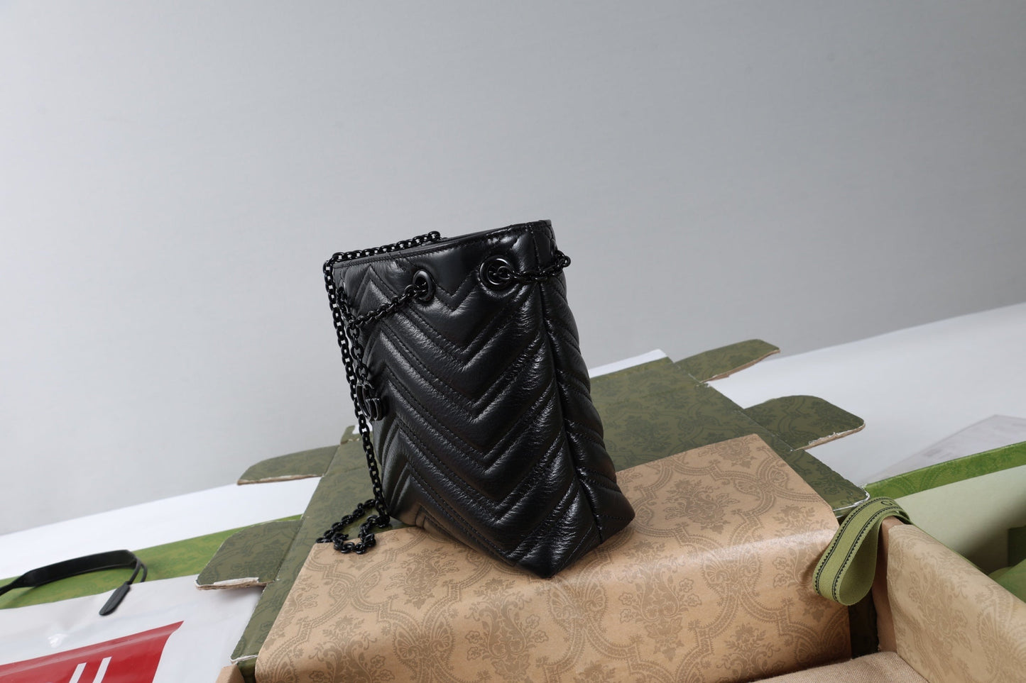 Gucci 26s Marmont Nano Bucket Bag Black Quilted Leather