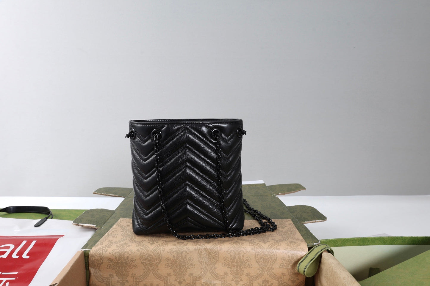 Gucci 26s Marmont Nano Bucket Bag Black Quilted Leather