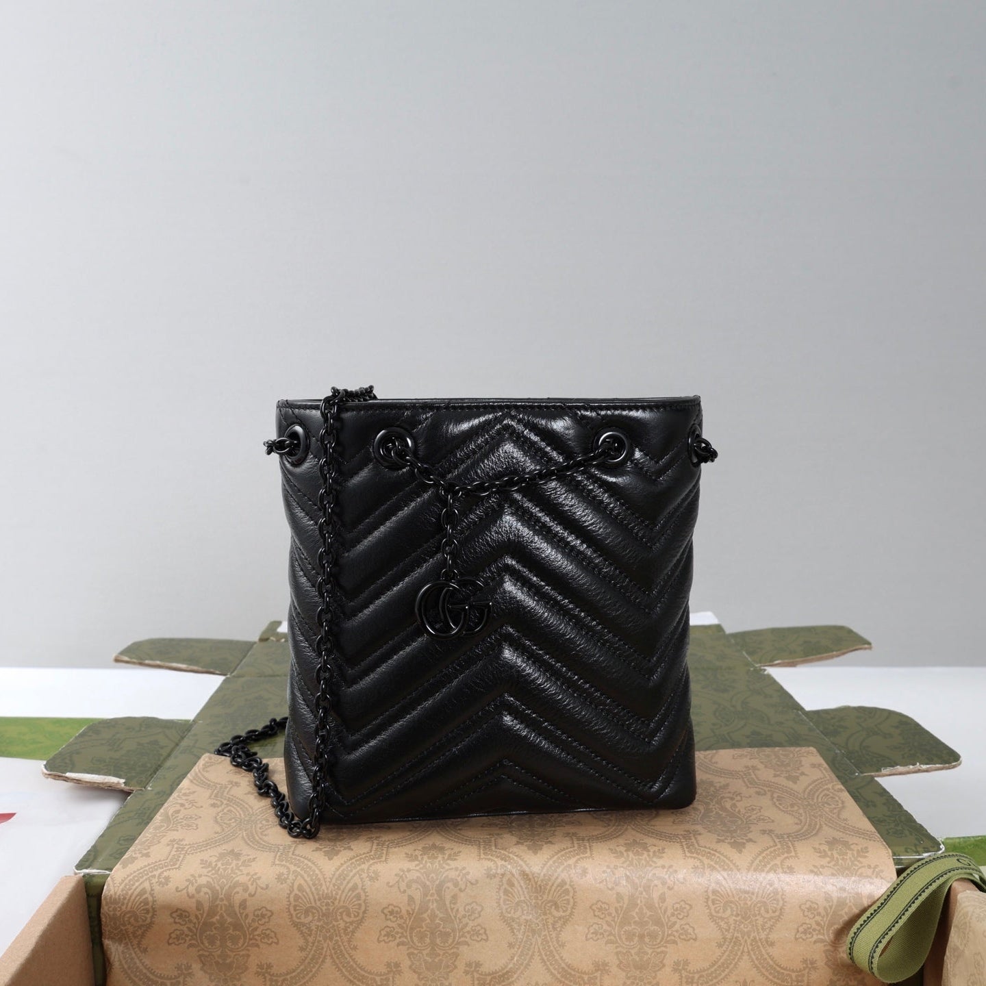 Gucci 26s Marmont Nano Bucket Bag Black Quilted Leather