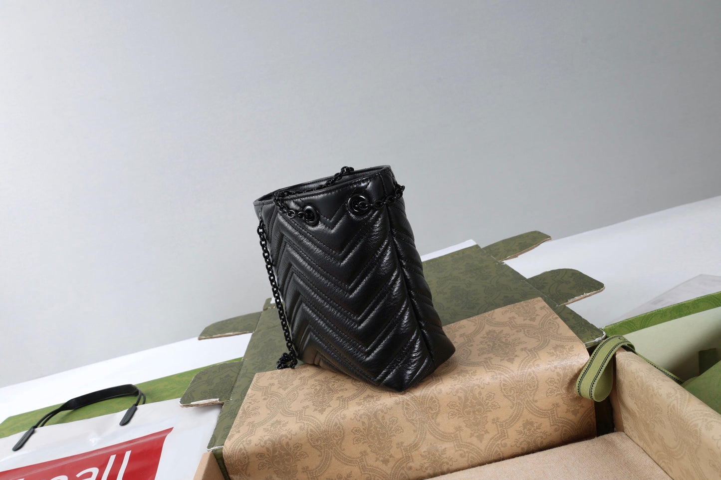 Gucci 26s Marmont Nano Bucket Bag Black Quilted Leather