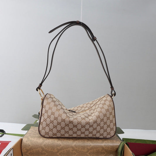 GG Half Horsebit Medium Shoulder Bag Beige Brown Canvas