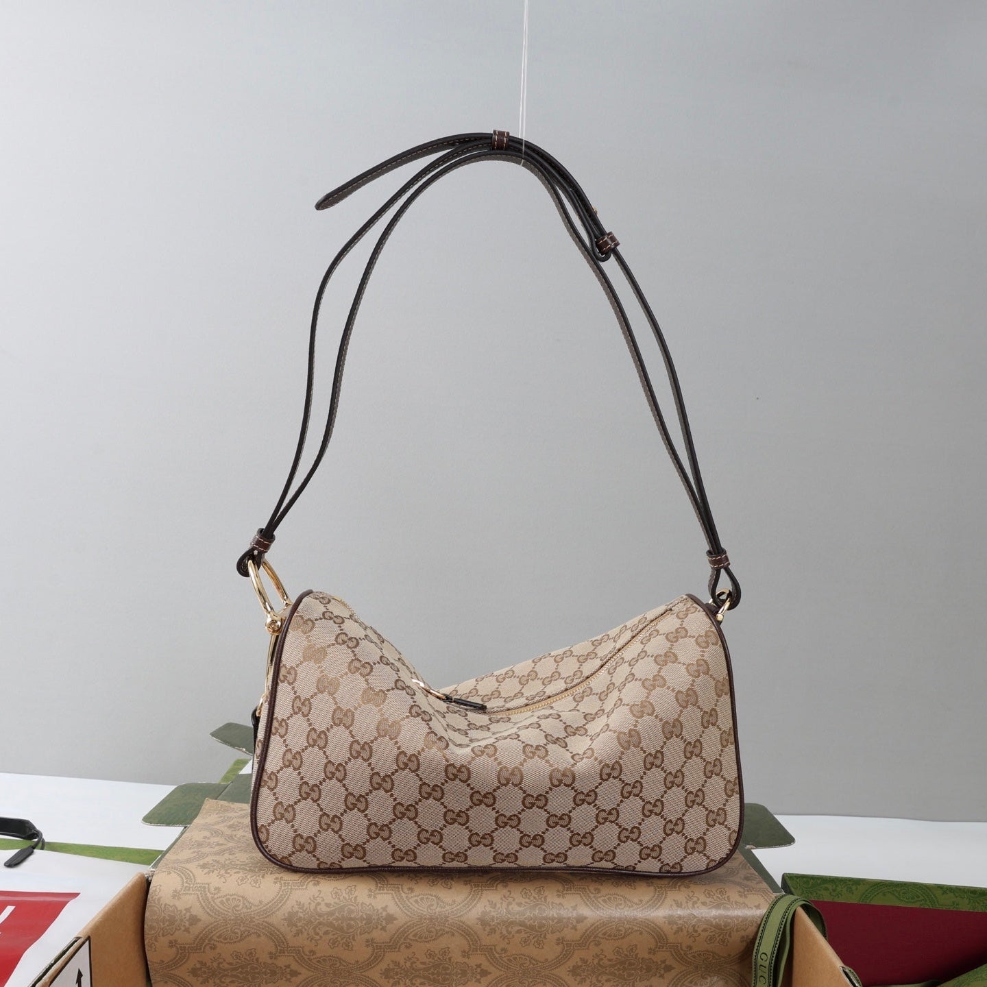 GG Half Horsebit Mini Shoulder Bag Beige Brown Canvas