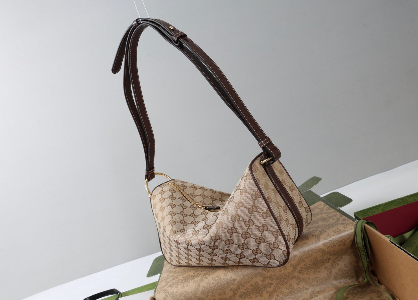 GG Half Horsebit Mini Shoulder Bag Beige Brown Canvas