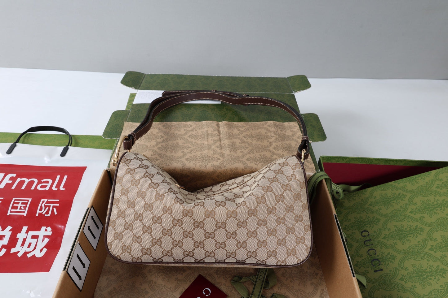 GG Half Horsebit Medium Shoulder Bag Beige Brown Canvas