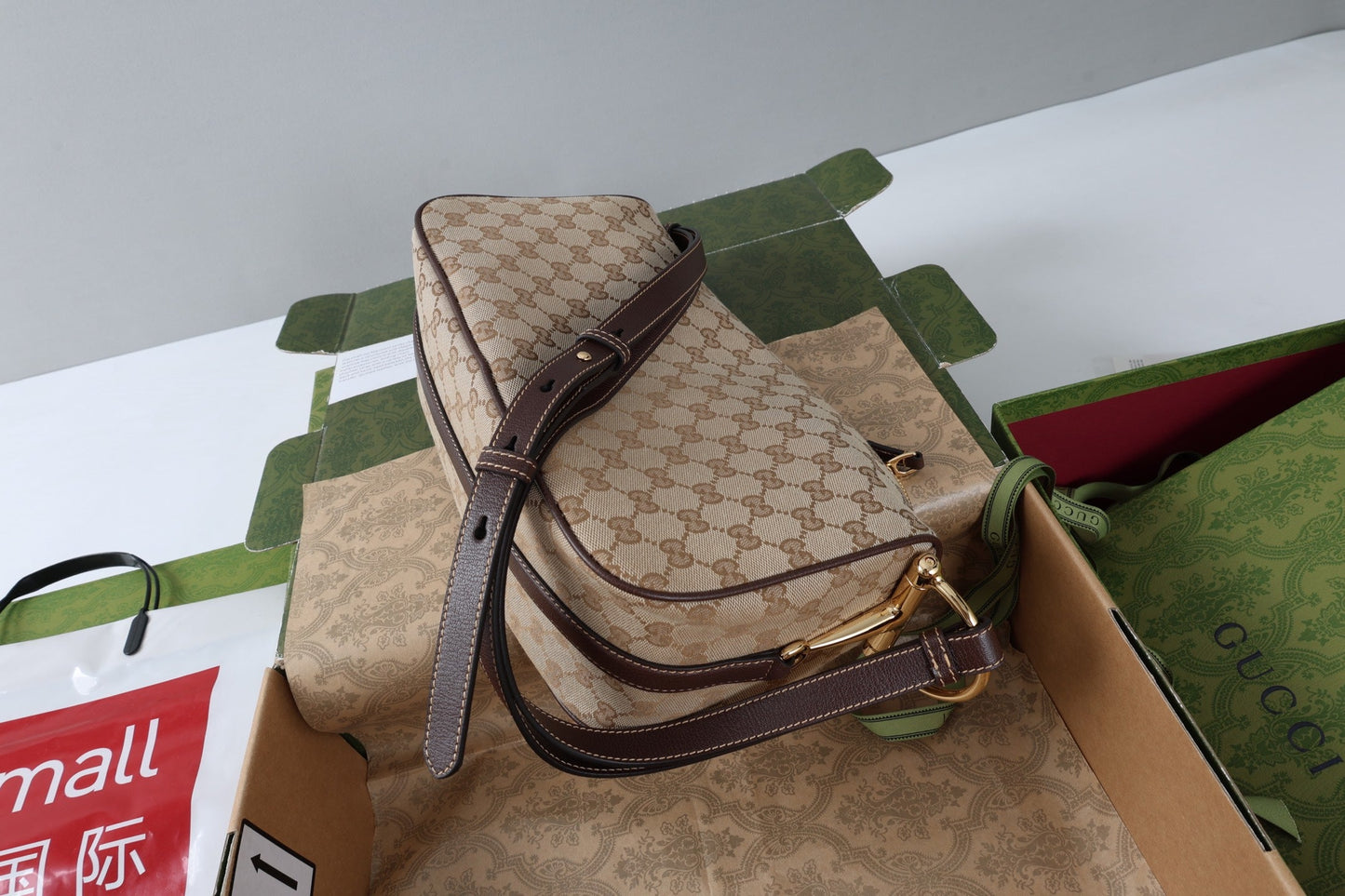 GG Half Horsebit Mini Shoulder Bag Beige Brown Canvas