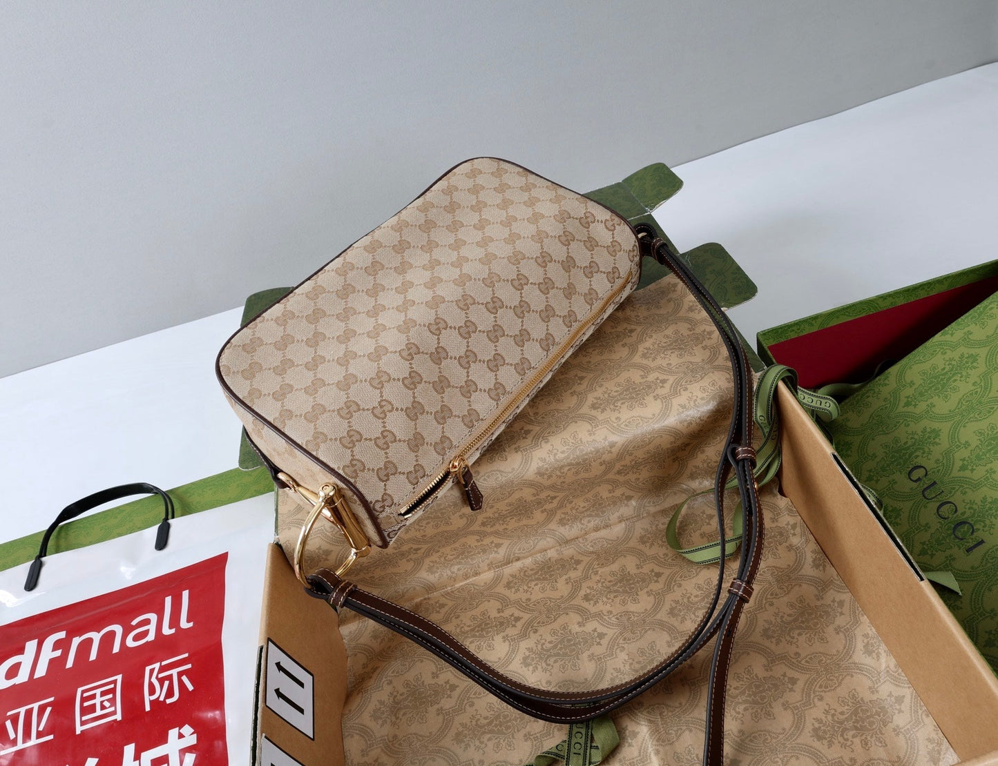 GG Half Horsebit Medium Shoulder Bag Beige Brown Canvas