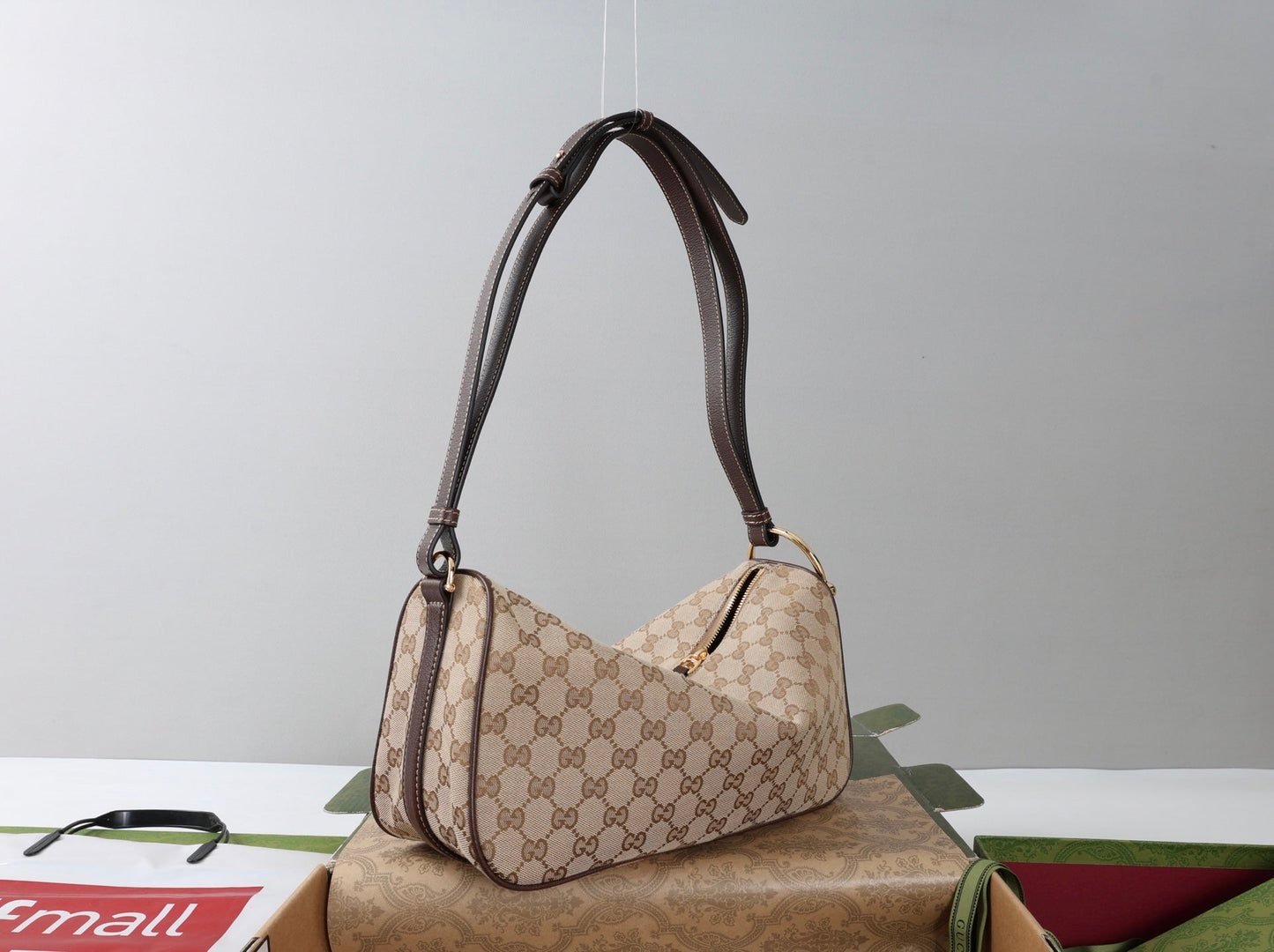GG Half Horsebit Medium Shoulder Bag Beige Brown Canvas