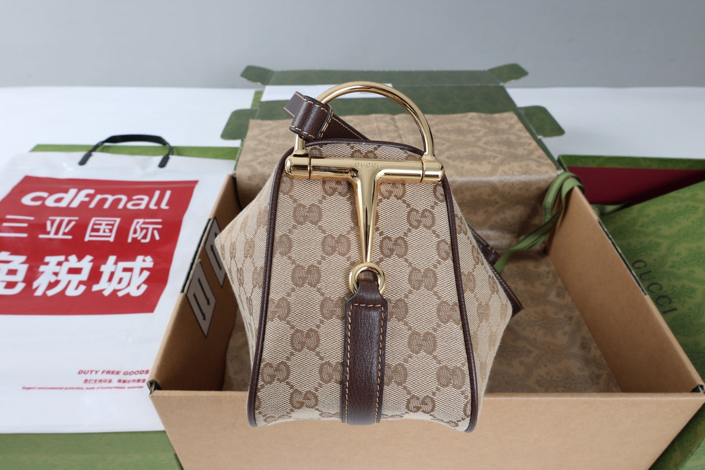 GG Half Horsebit Medium Shoulder Bag Beige Brown Canvas