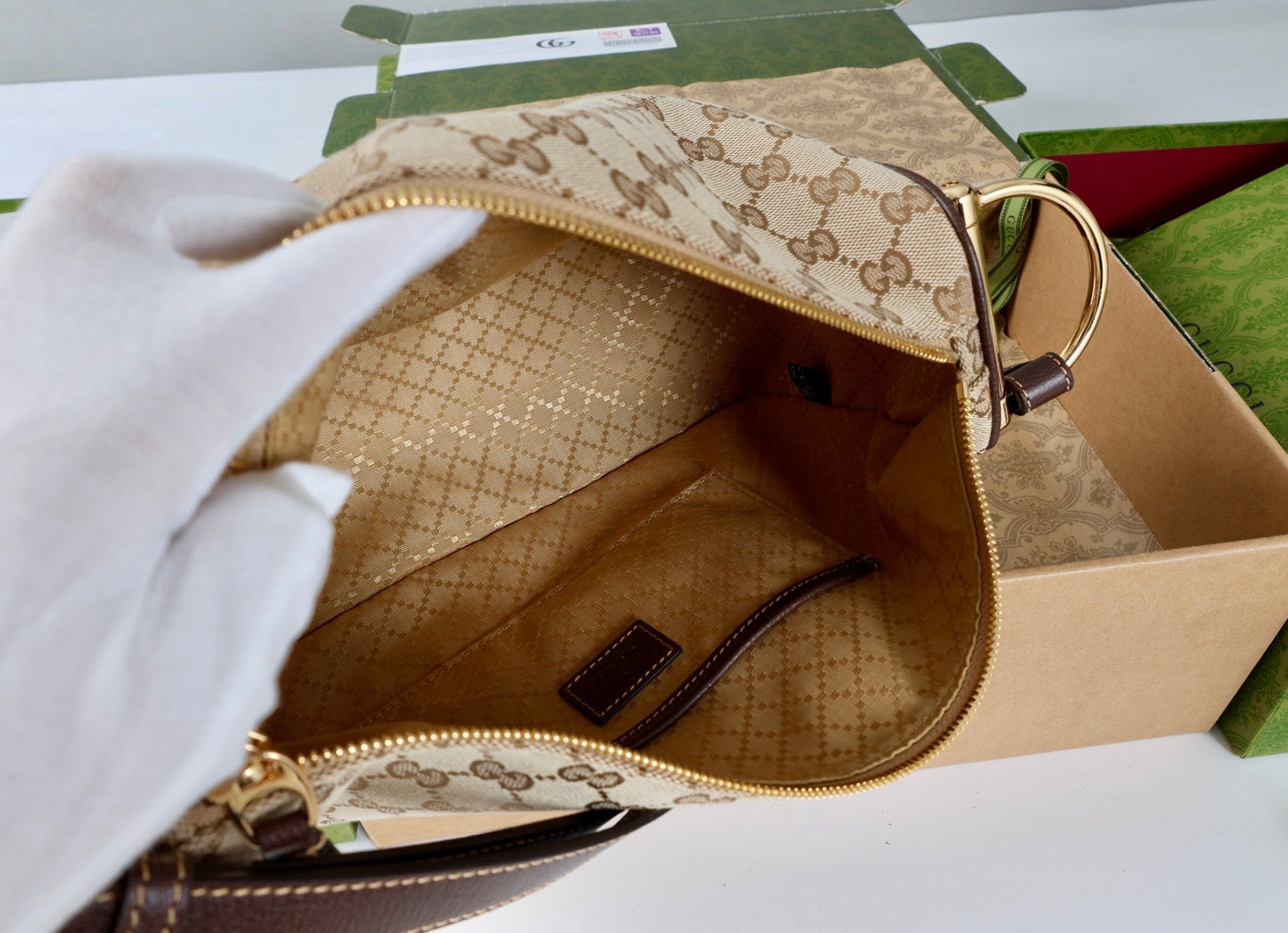 GG Half Horsebit Medium Shoulder Bag Beige Brown Canvas