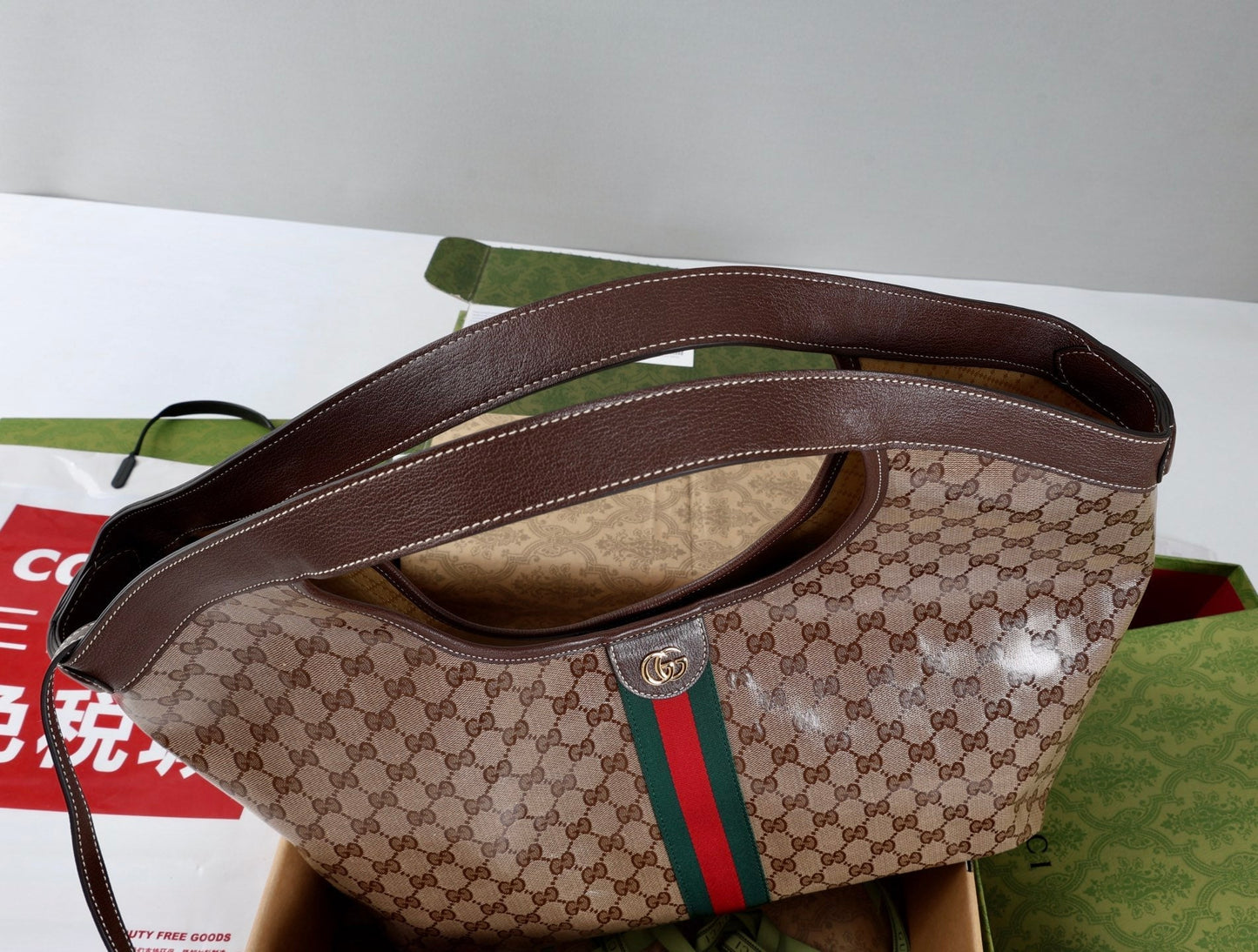Gucci 26s Giglio Large Tote Bag Sand Brown Fabric