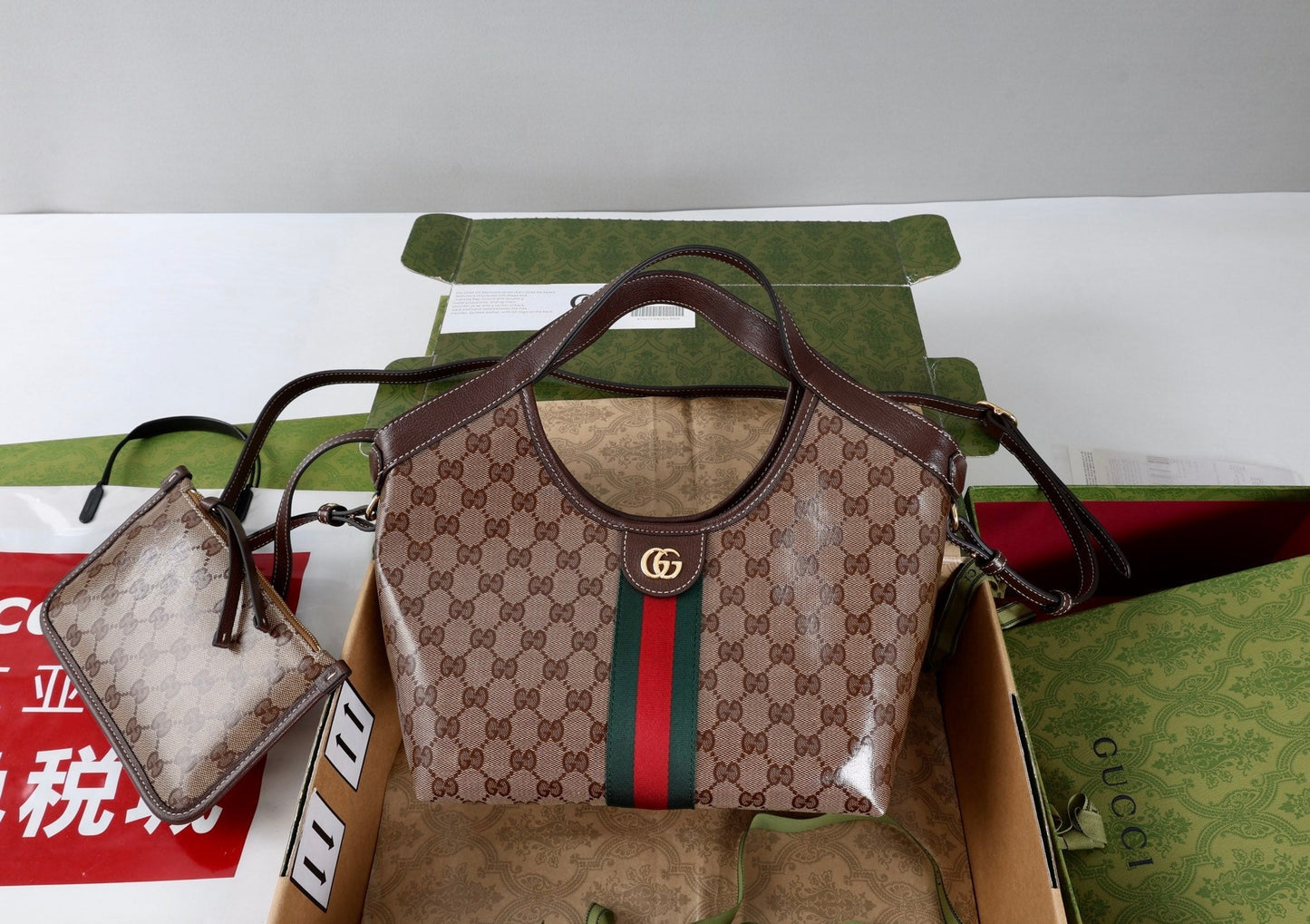 Gucci 26s Giglio Small Tote Bag Sand Brown Fabric