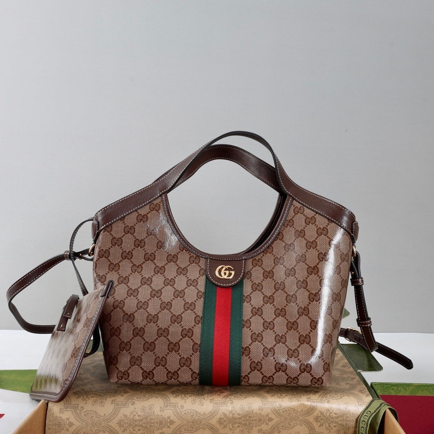 Gucci 26s Giglio Small Tote Bag Sand Brown Fabric