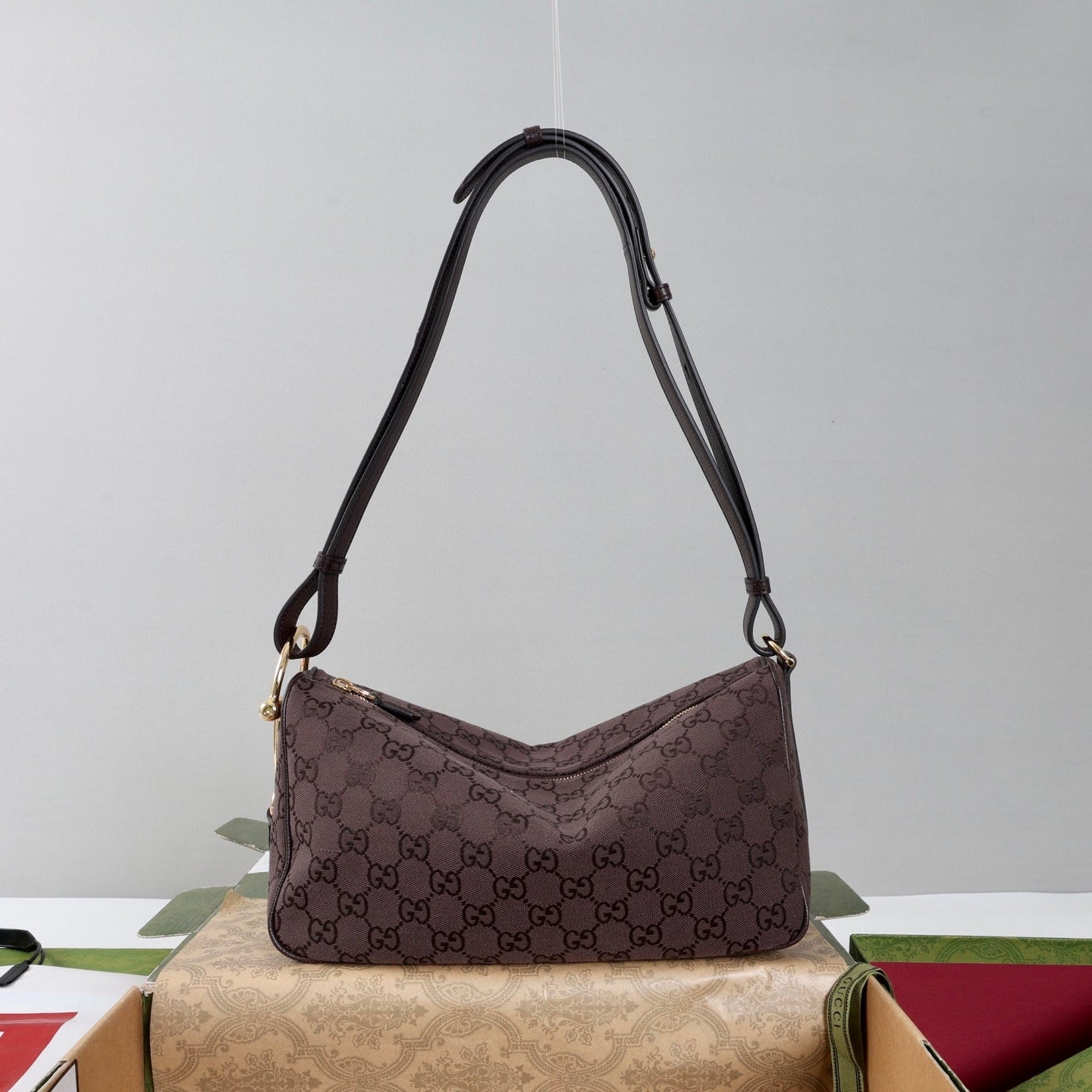 GG Half Horsebit Medium Shoulder Bag Brown Canvas
