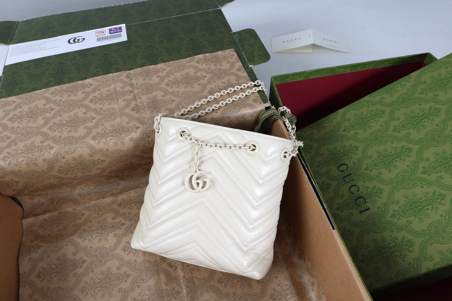 Gucci 26s Marmont Nano Bucket Bag Ivory Quilted Leather