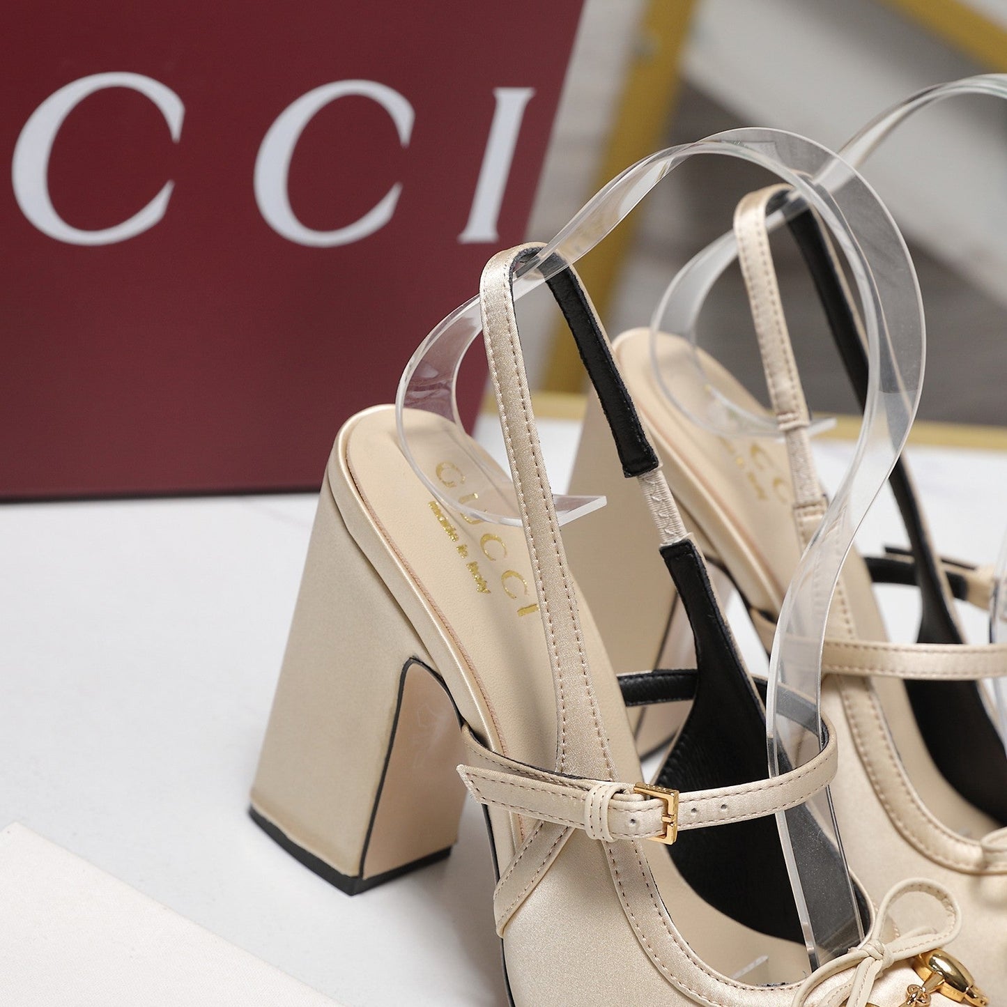 Gucci Horsebit Slingback Pumps Light Beige  Satin Fabric 504421