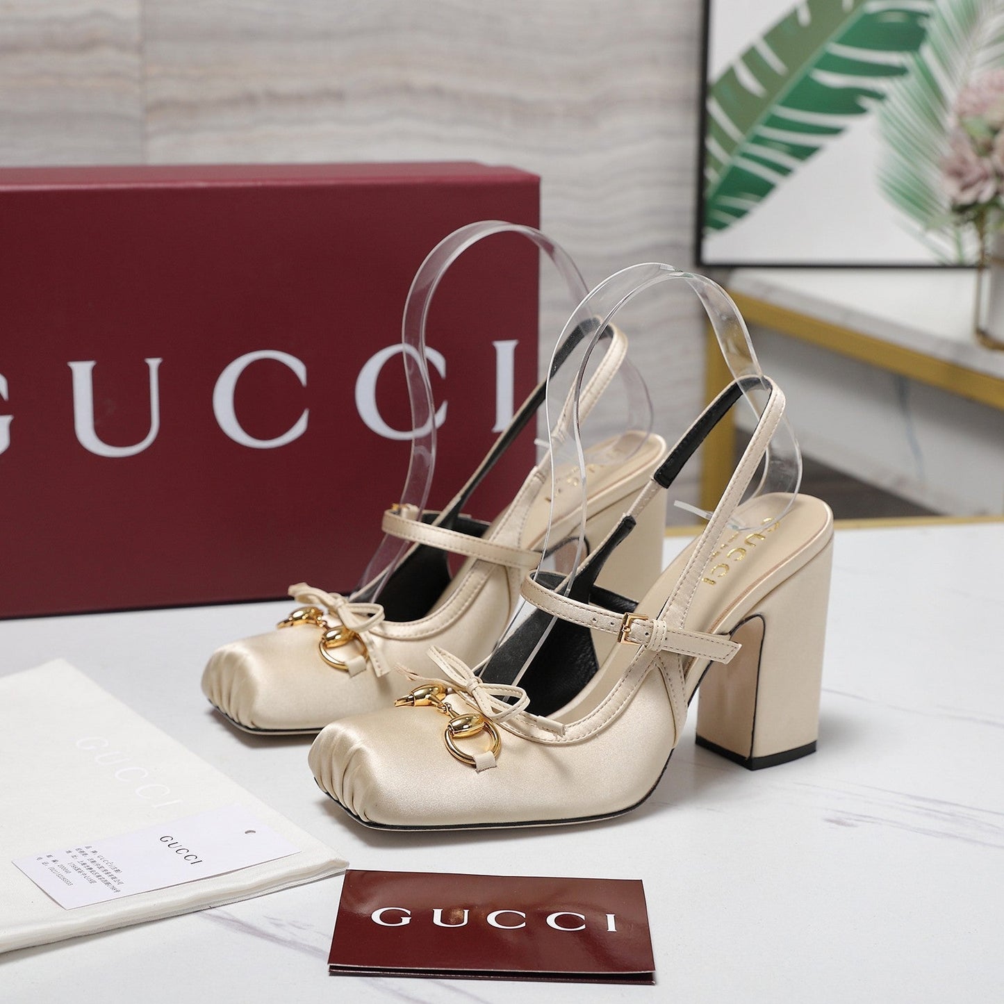 Gucci Horsebit Slingback Pumps Light Beige  Satin Fabric 504421