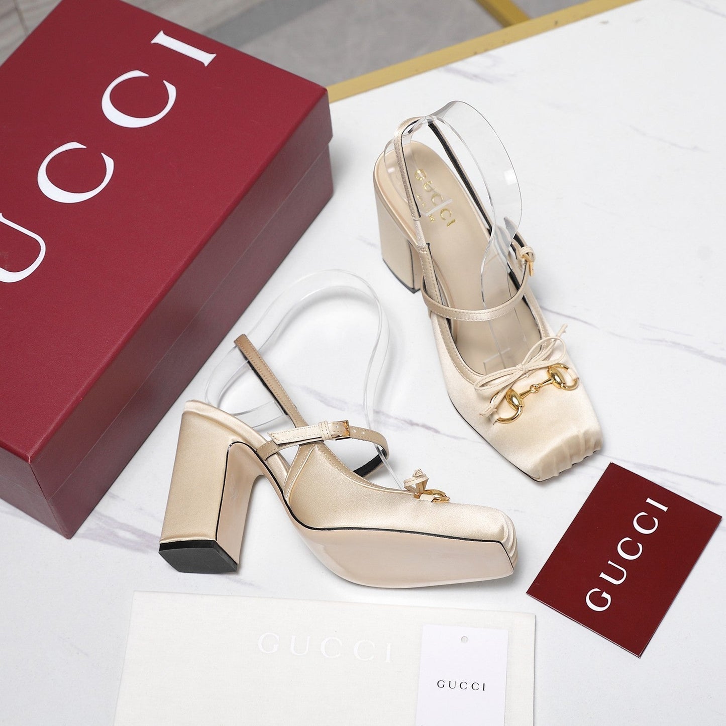 Gucci Horsebit Slingback Pumps Light Beige  Satin Fabric 504421