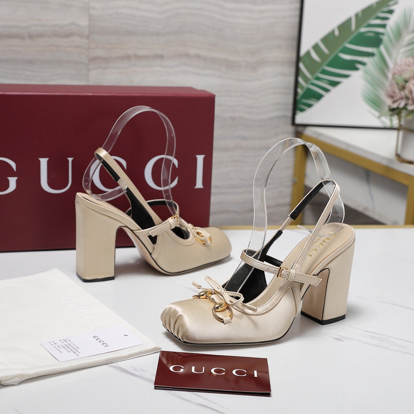 Gucci Horsebit Slingback Pumps Light Beige  Satin Fabric 504421