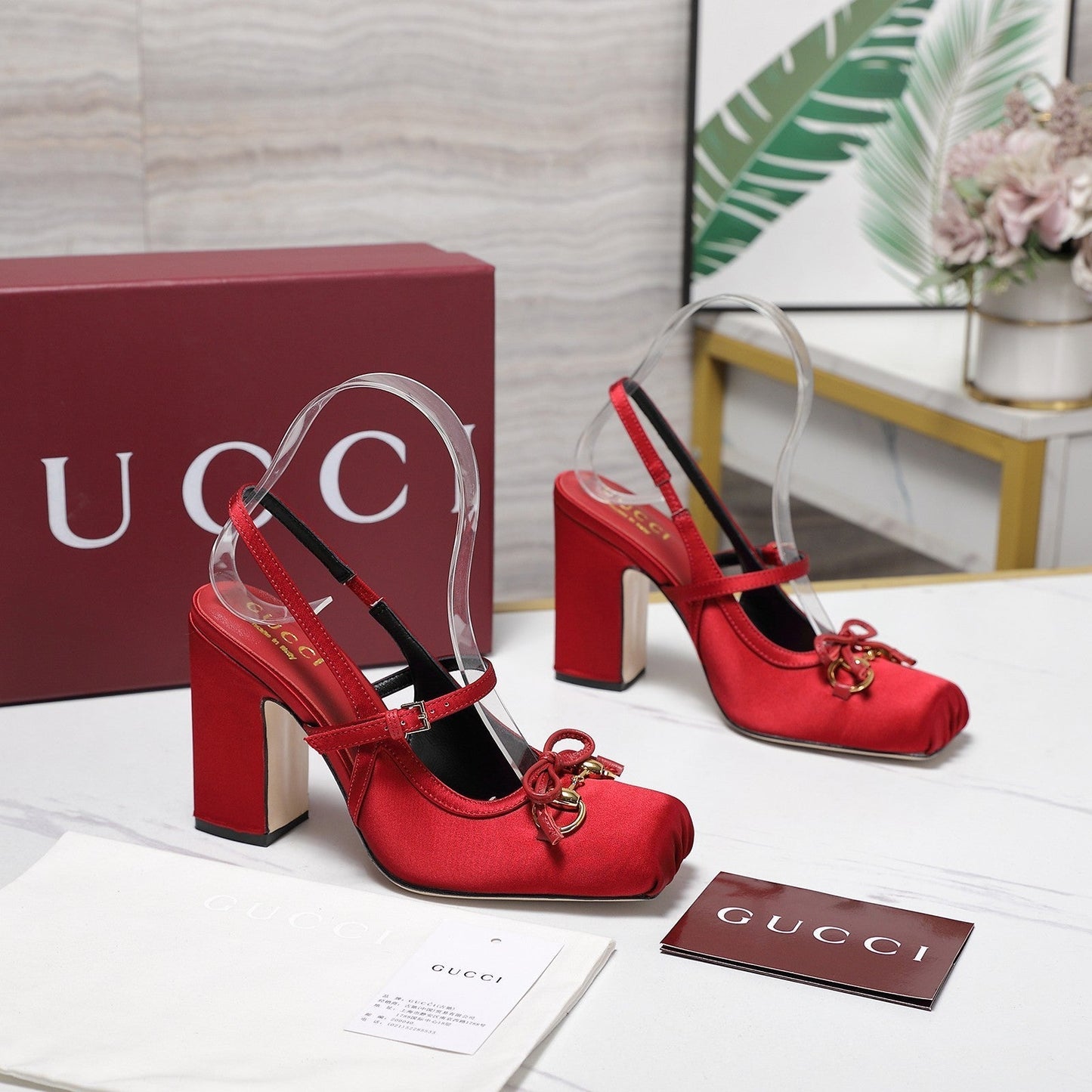 Gucci Horsebit Slingback Pumps Red  Satin Fabric 504423