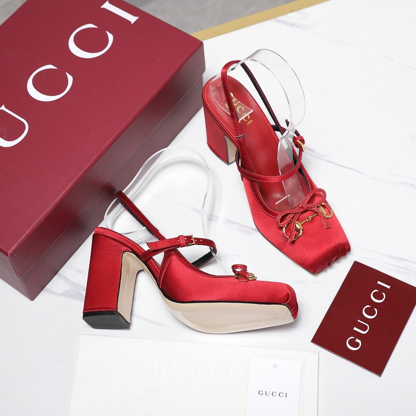 Gucci Horsebit Slingback Pumps Red  Satin Fabric 504423
