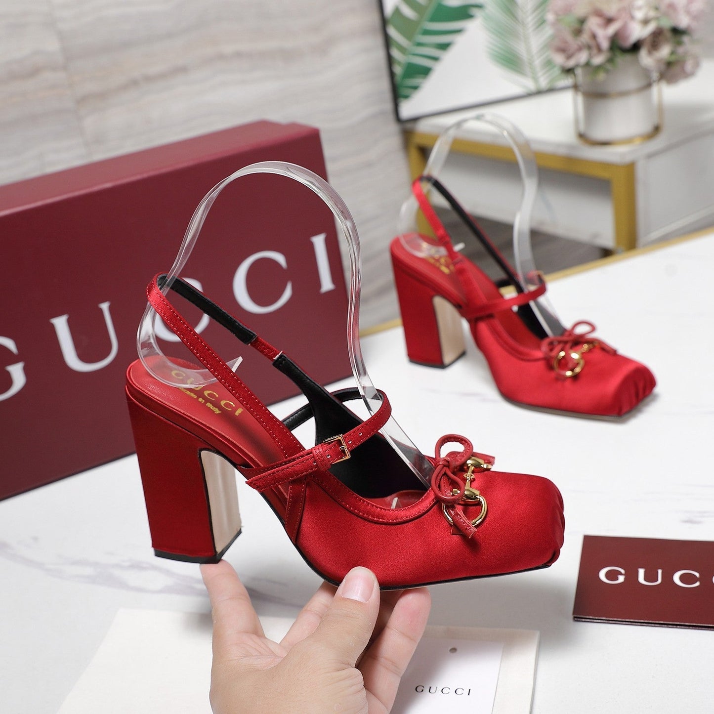 Gucci Horsebit Slingback Pumps Red  Satin Fabric 504423