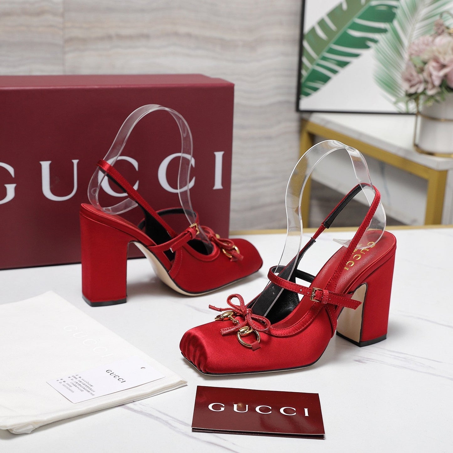 Gucci Horsebit Slingback Pumps Red  Satin Fabric 504423