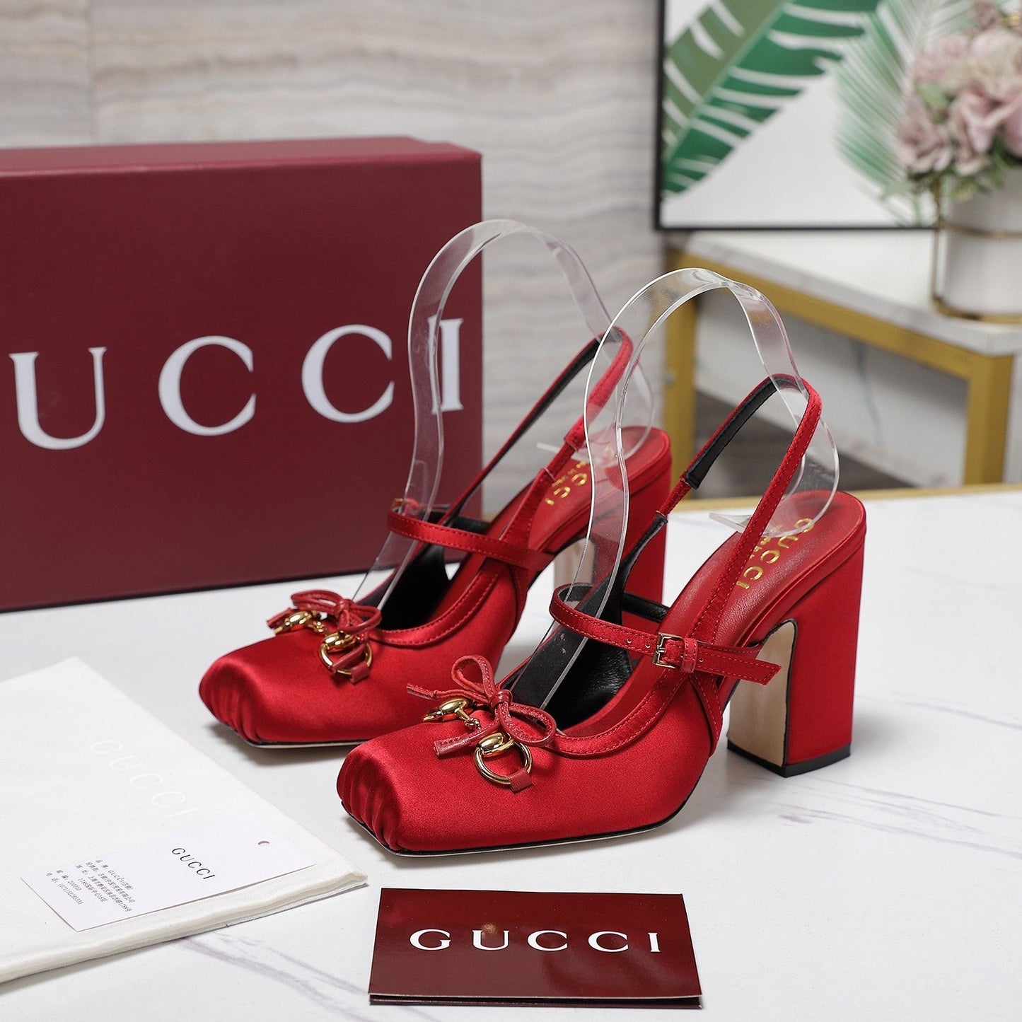 Gucci Horsebit Slingback Pumps Red  Satin Fabric 504423