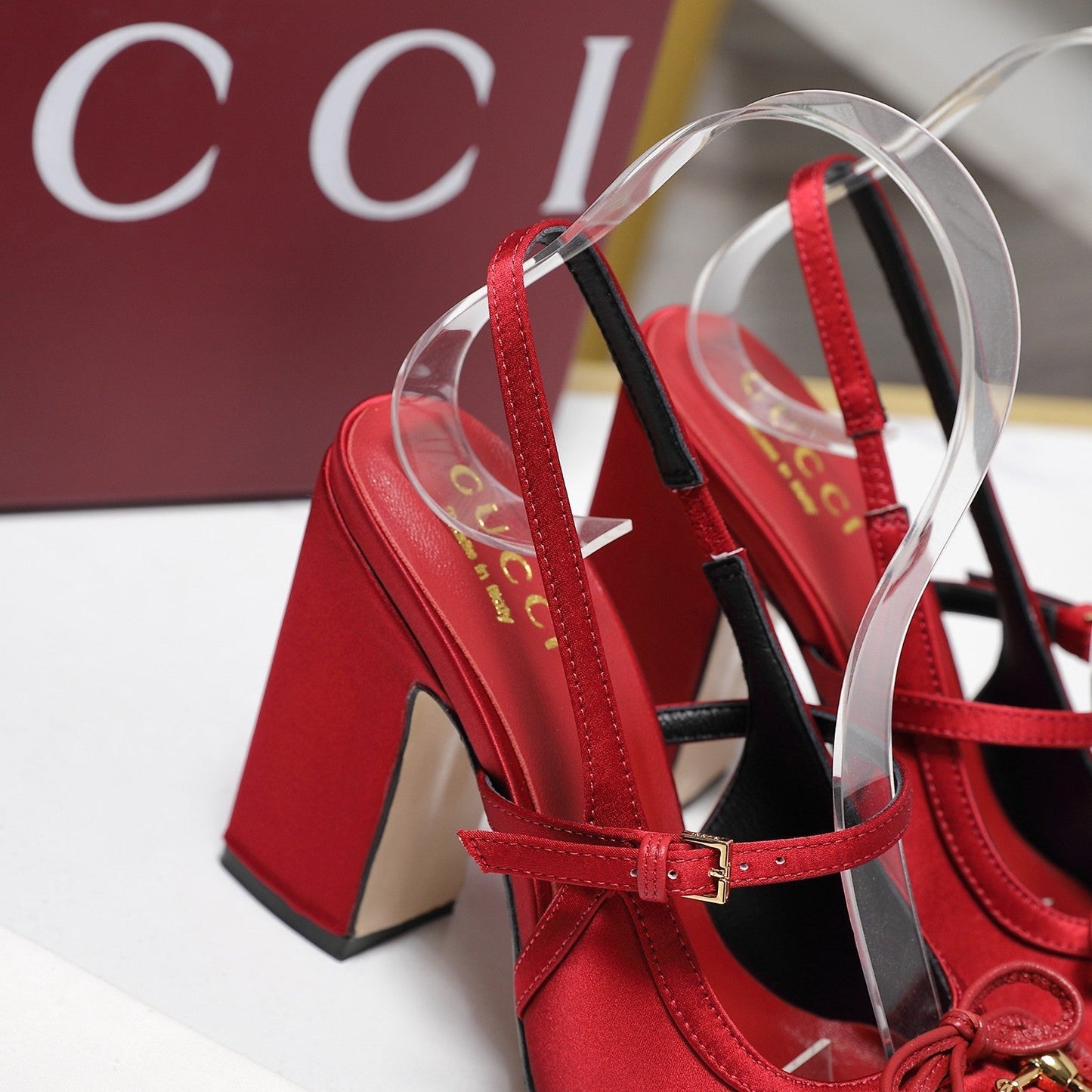 Gucci Horsebit Slingback Pumps Red  Satin Fabric 504423