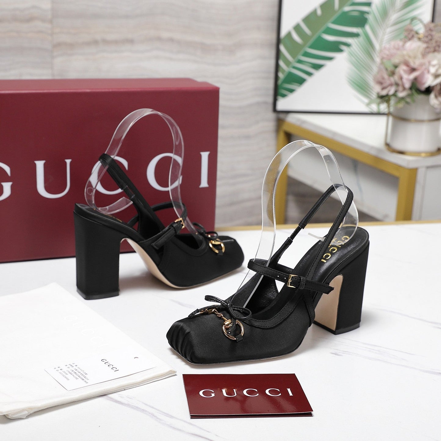 Gucci Horsebit Slingback Pumps Black Satin Fabric 504424