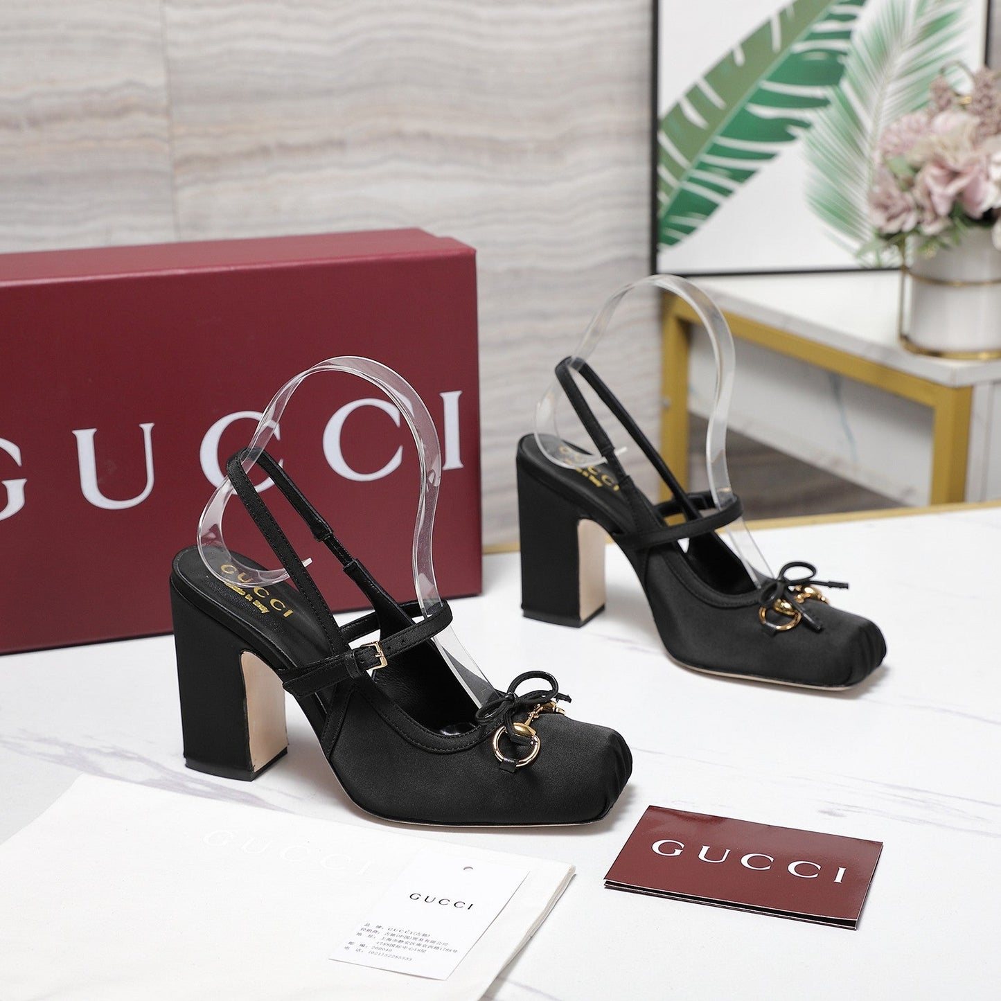Gucci Horsebit Slingback Pumps Black Satin Fabric 504424