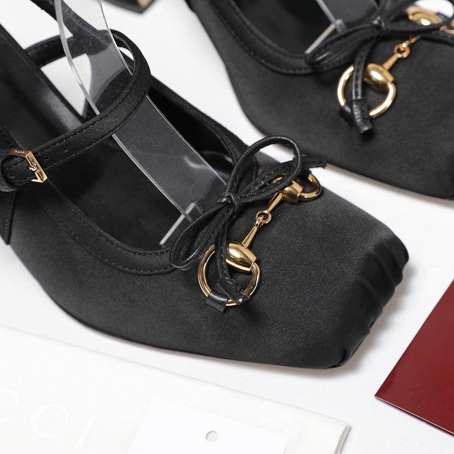 Gucci Horsebit Slingback Pumps Black Satin Fabric 504424