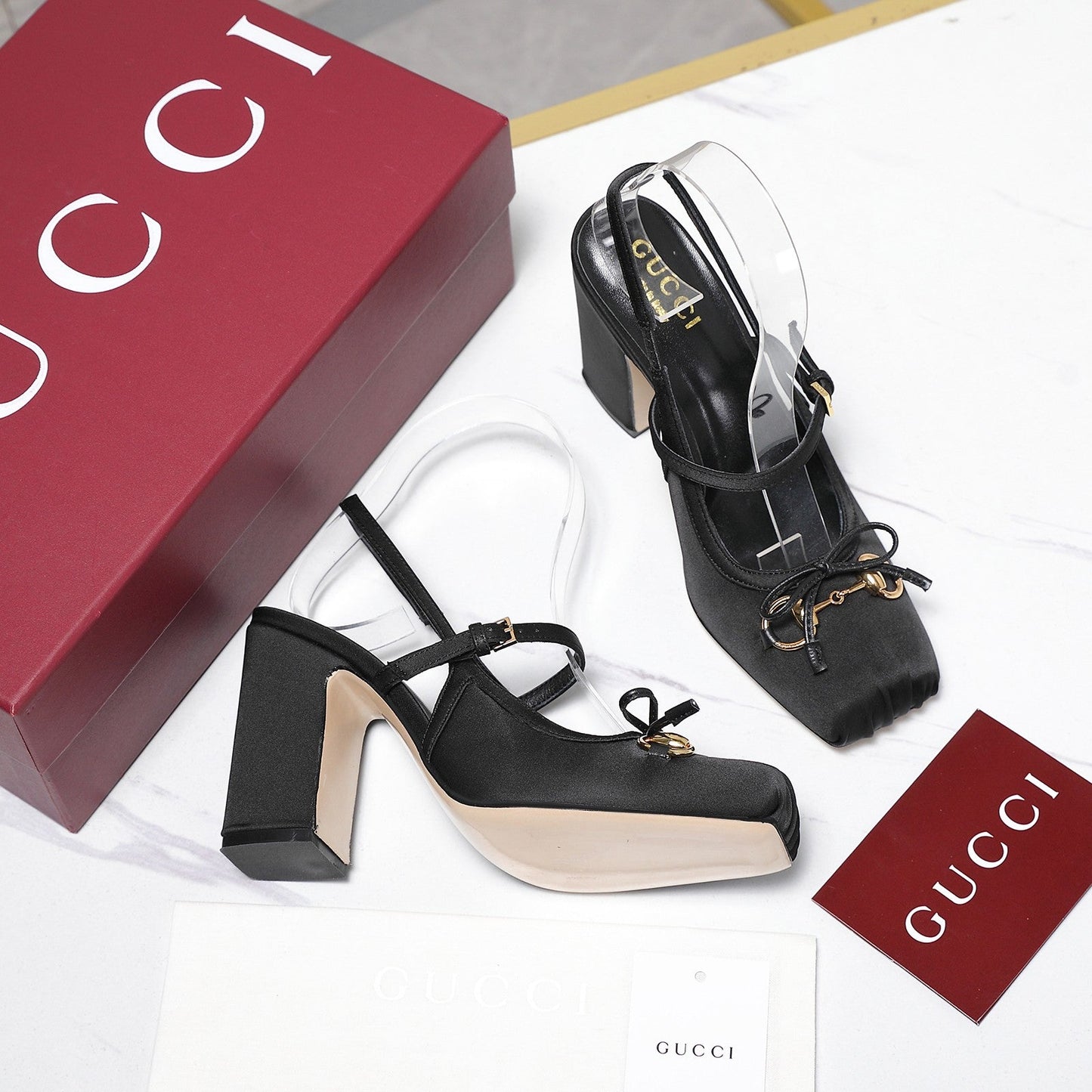 Gucci Horsebit Slingback Pumps Black Satin Fabric 504424