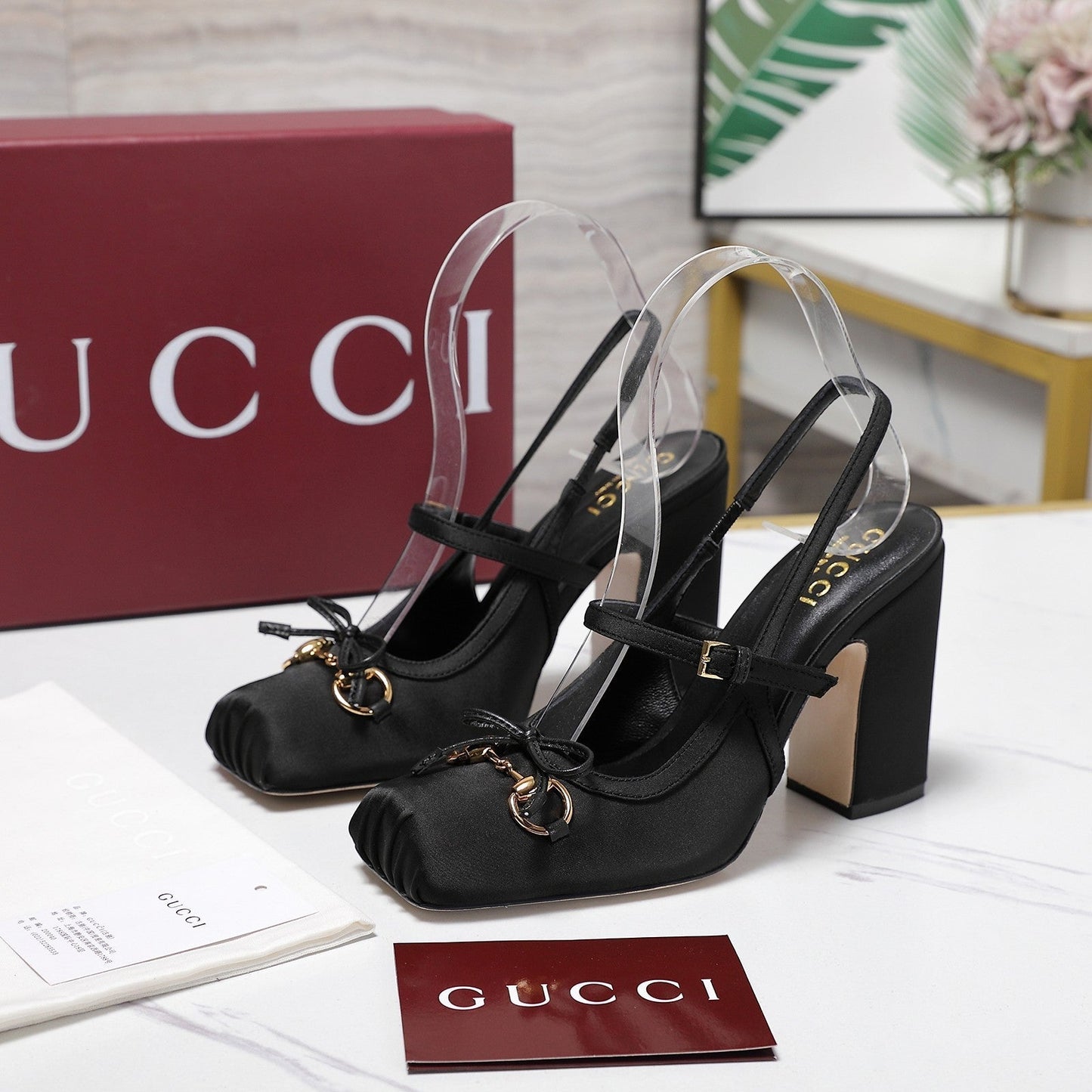 Gucci Horsebit Slingback Pumps Black Satin Fabric 504424