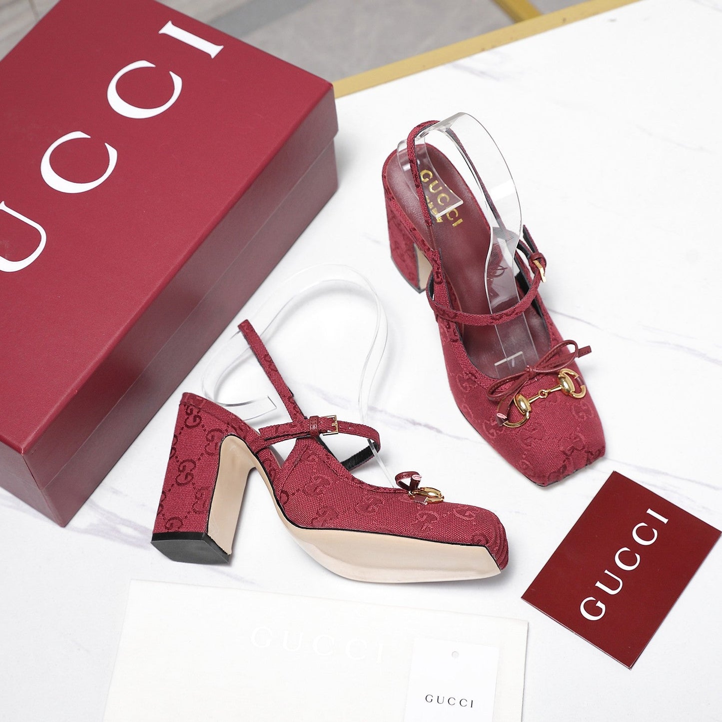 Gucci Horsebit Slingback Pumps Burgundy Jacquard Canvas 504426