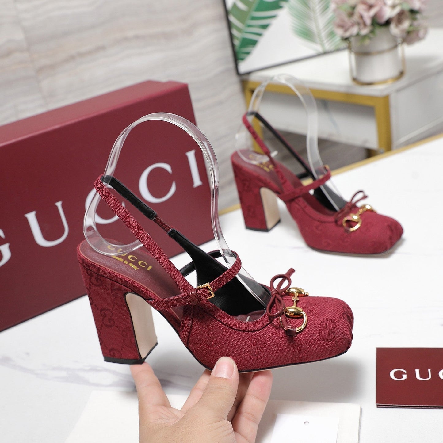 Gucci Horsebit Slingback Pumps Burgundy Jacquard Canvas 504426
