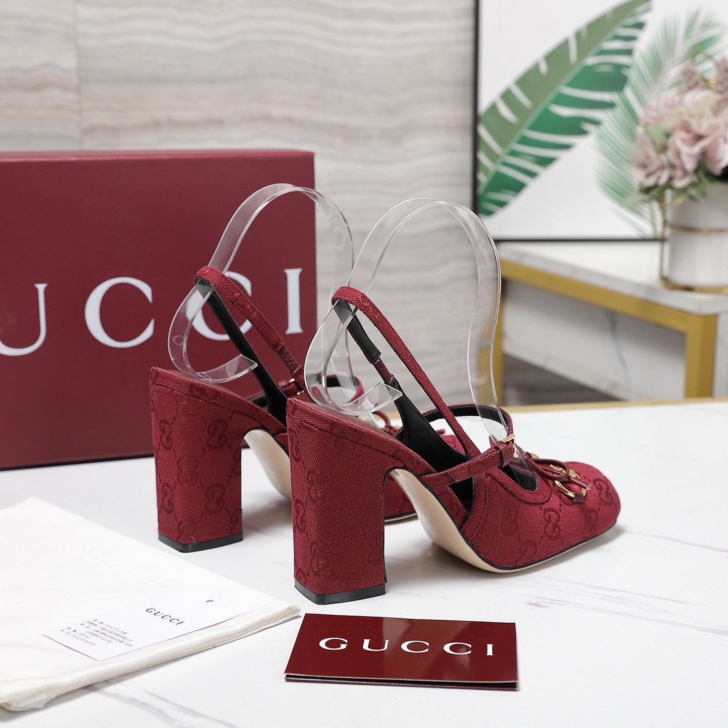 Gucci Horsebit Slingback Pumps Burgundy Jacquard Canvas 504426