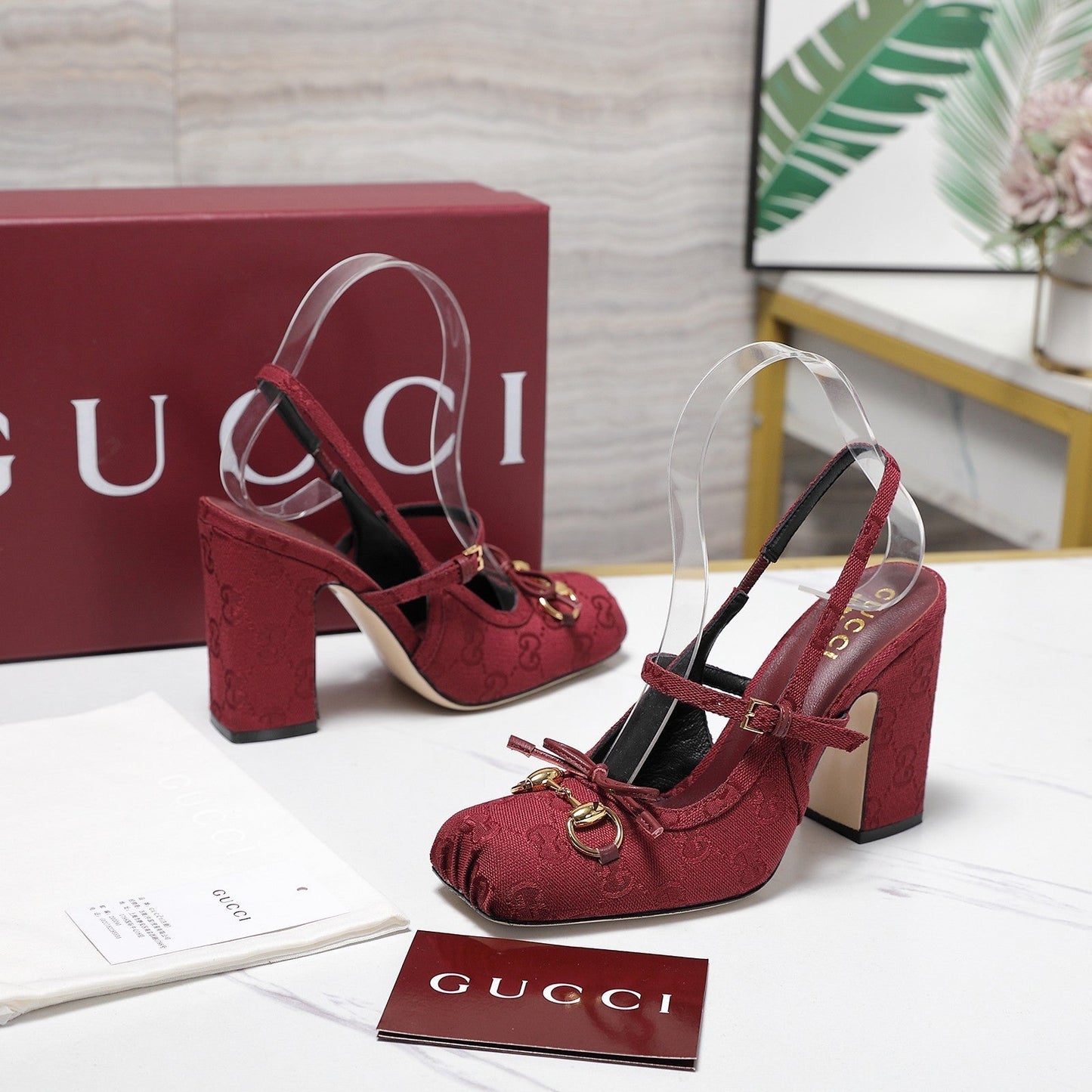 Gucci Horsebit Slingback Pumps Burgundy Jacquard Canvas 504426