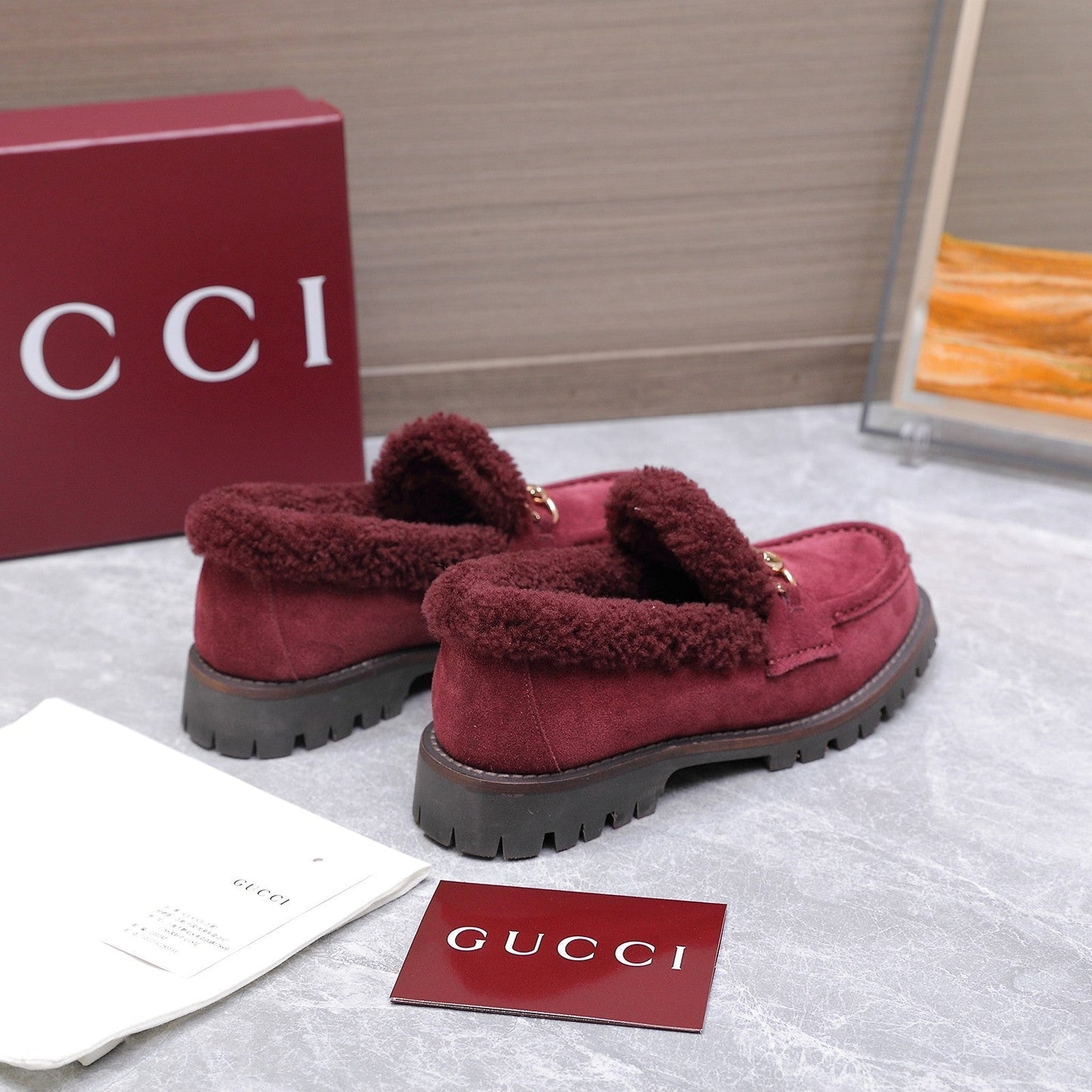 GG Women's Loafer Horsebit Red Suede Shearing 547324