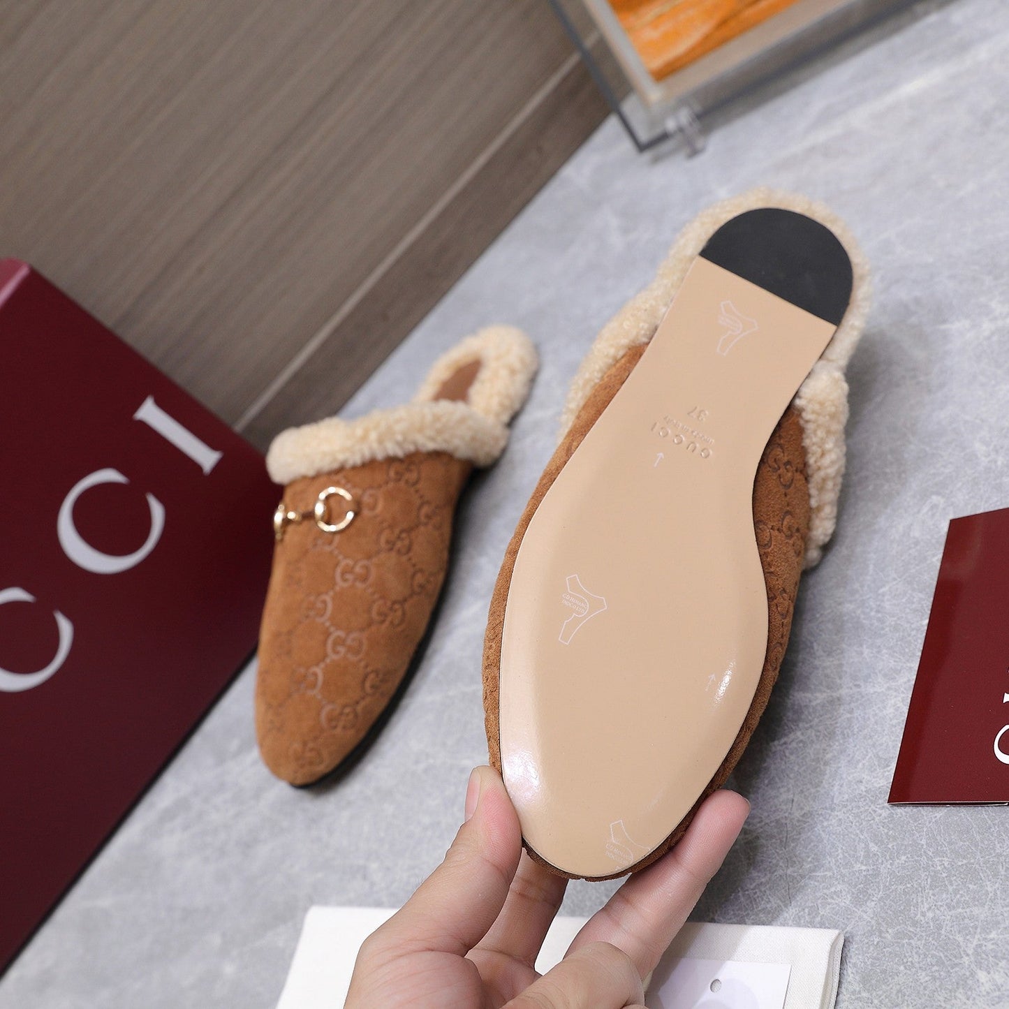 GG Horsebit Mules with Brown Insole Suede Shearing 547328
