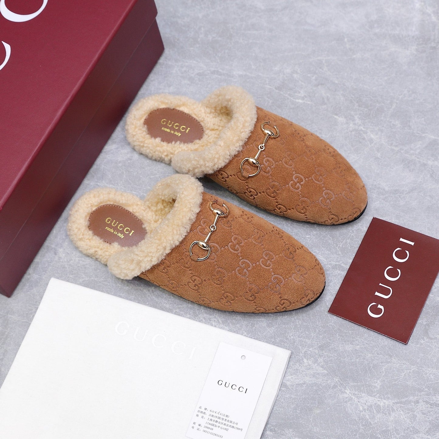 GG Horsebit Mules with Brown Insole Suede Shearing 547328