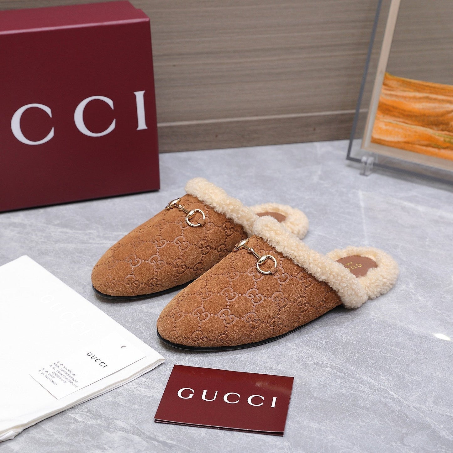 GG Horsebit Mules with Brown Insole Suede Shearing 547328
