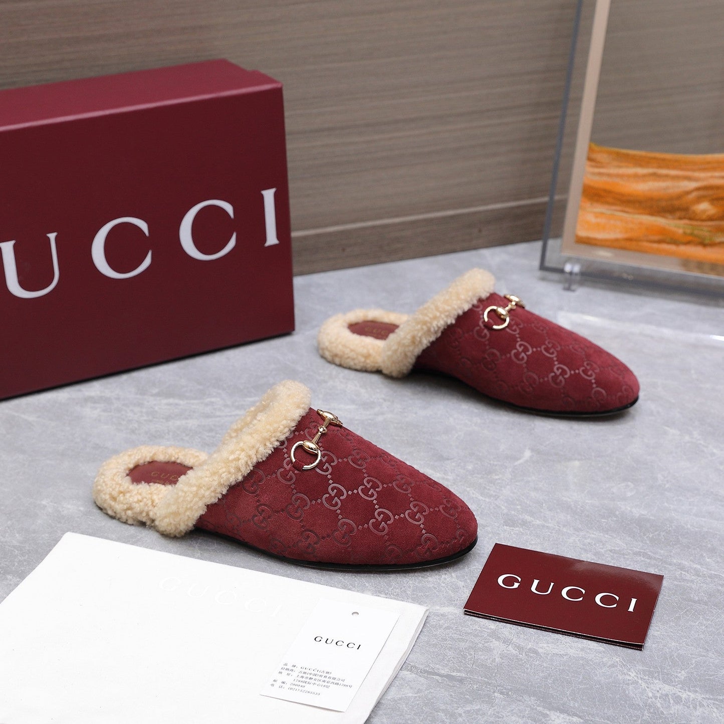 GG Horsebit Mules with Burgundy Insole Suede Shearing 547329