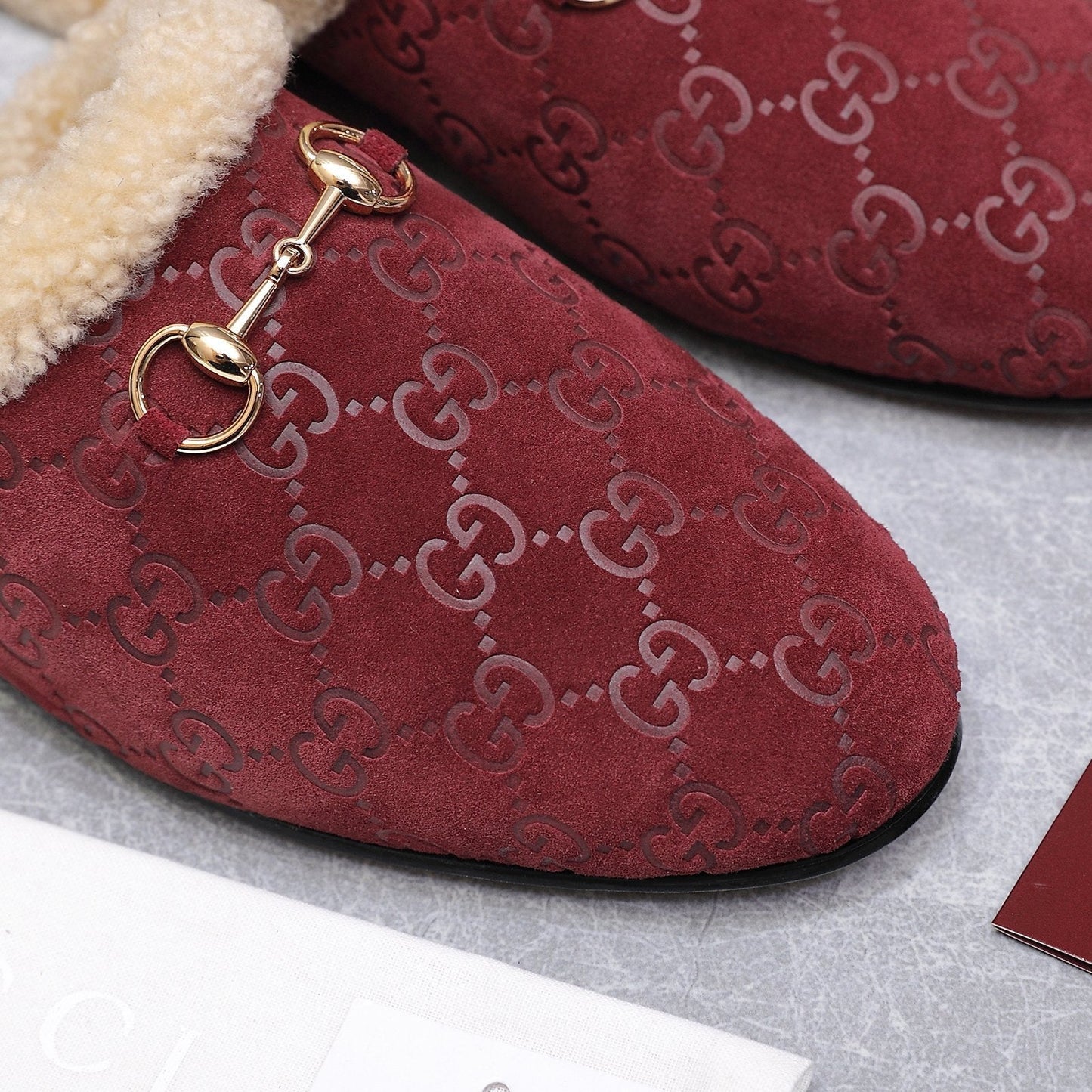 GG Horsebit Mules with Burgundy Insole Suede Shearing 547329