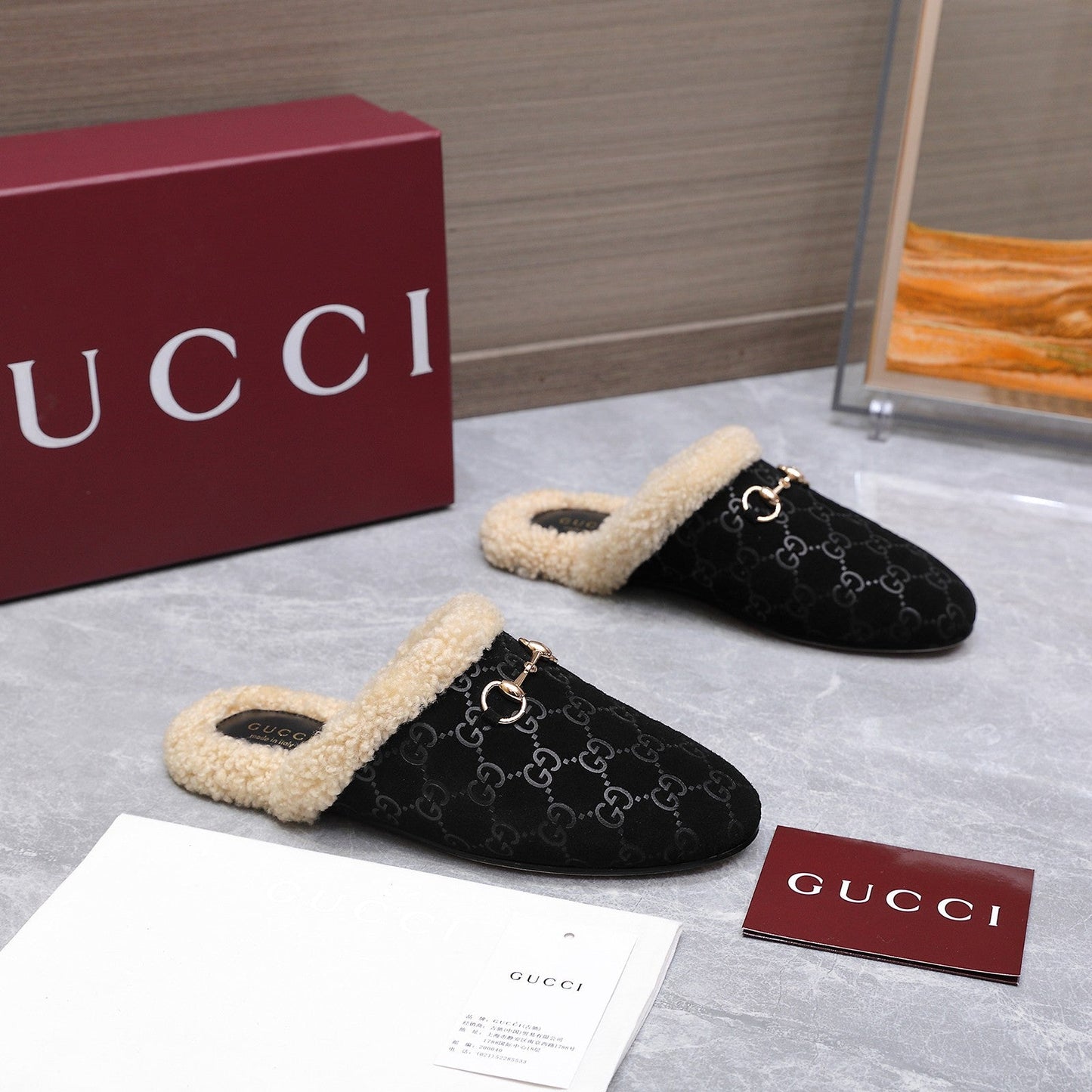 GG Horsebit Mules with Black Insole Suede Shearing 547331