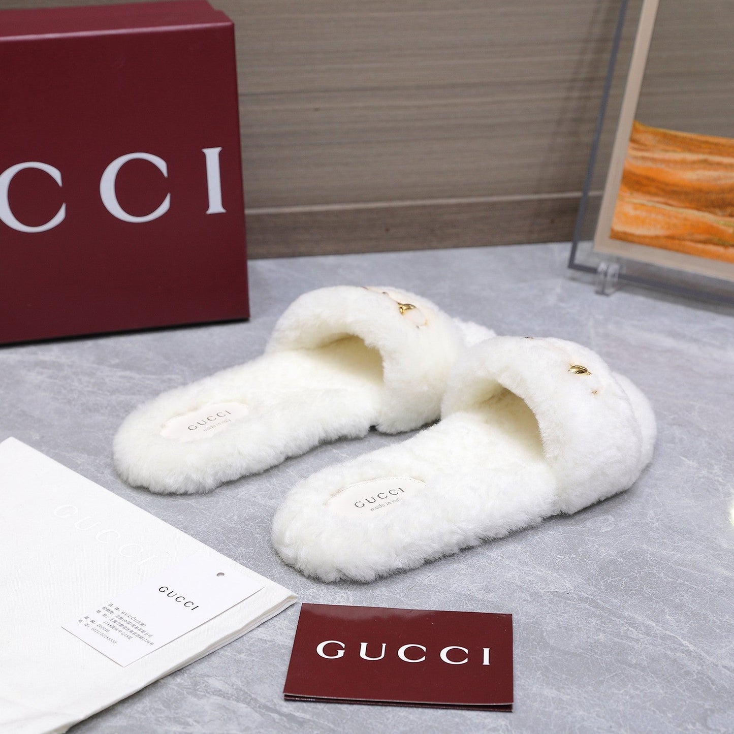 GG Women's Slide with Horsebit White Fur 600969