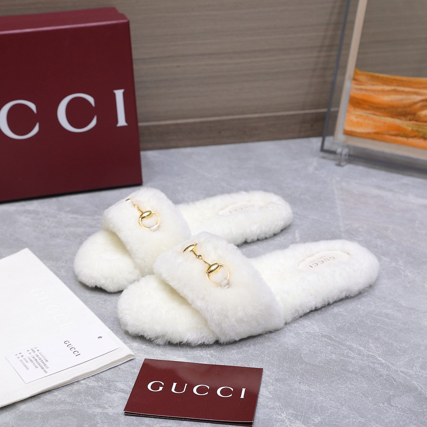 GG Women's Slide with Horsebit White Fur 600969