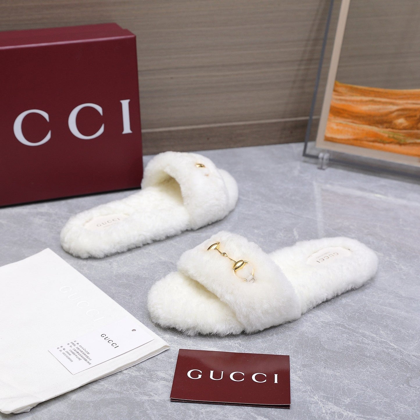 GG Women's Slide with Horsebit White Fur 600969