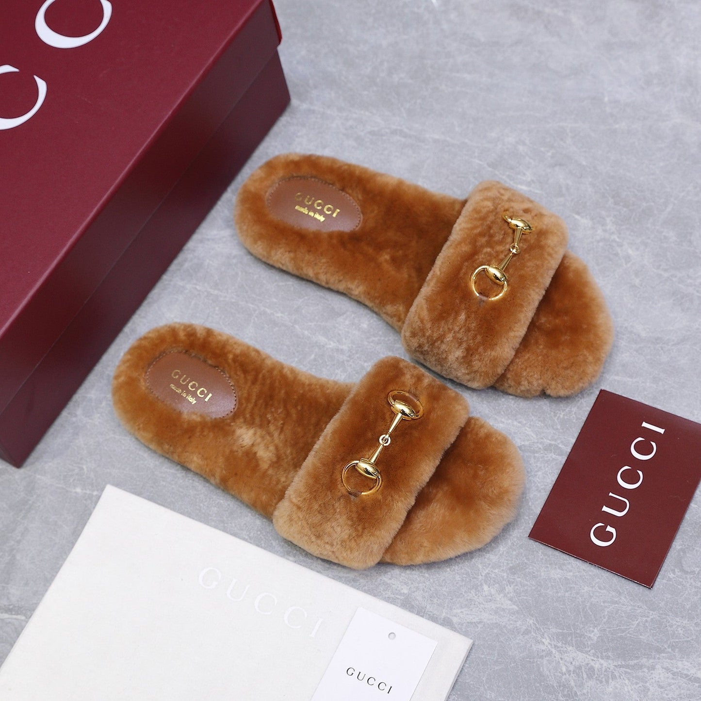GG Women's Slide with Horsebit Brown Fur 600971