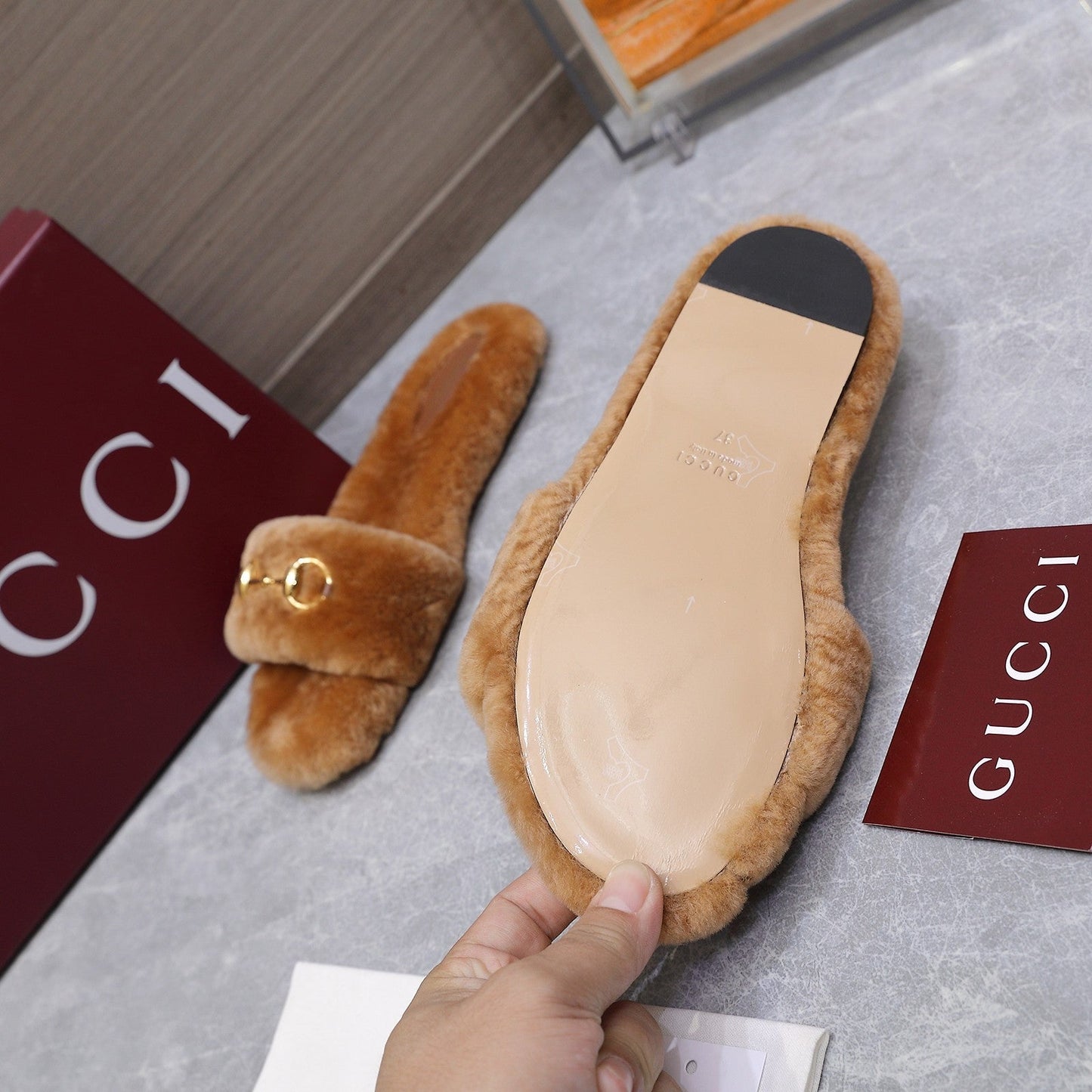 GG Women's Slide with Horsebit Brown Fur 600971